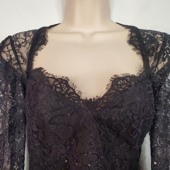Bardot Aurora Sequin Lace Mini Dress Black Long Sleeve Party Dress Size 8 Large - Picture 8 of 11